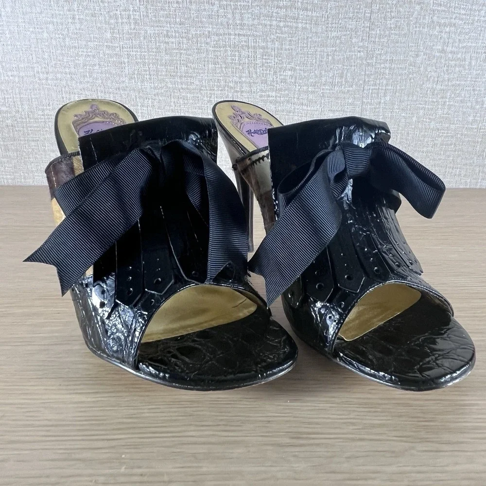 Hale Bob Pony Hair Plaid Patent Leather Mule Heels Bow Peep Toe 10 CityCore - Picture 13 of 14